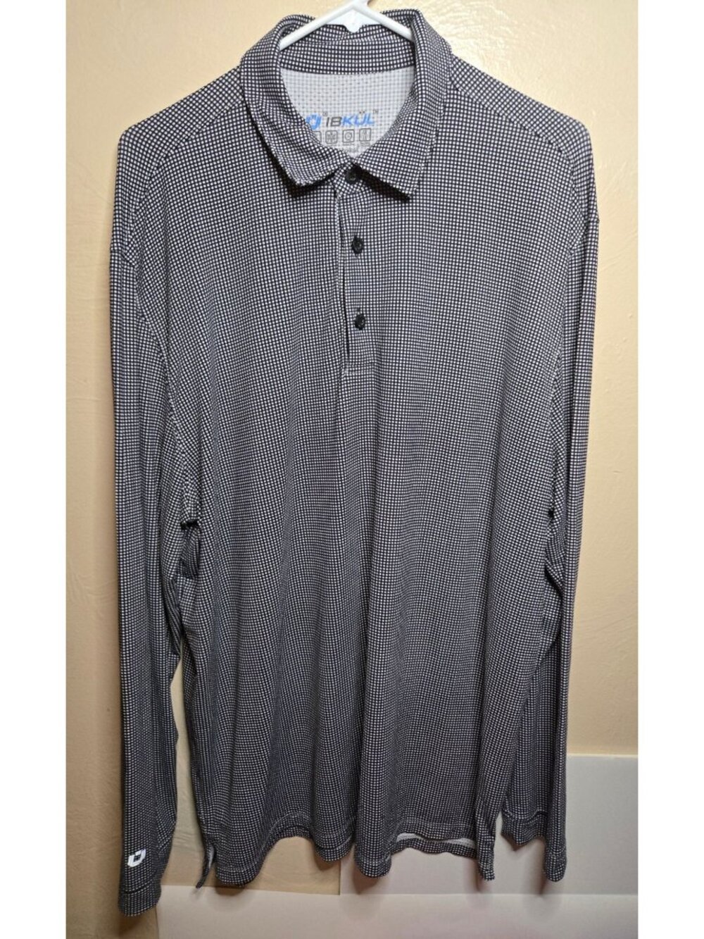 IBKUL Black Checkered 3 Button Up Polo Sz XL UPF 50 Quick Dry Cool Golf